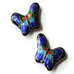 2 23mm Black and Blue Cloisonne Butterfly Beads