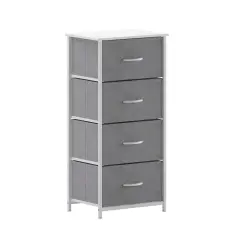 Emma and Oliver Marley 4 Drawer Storage Dresser with Cast Iron Frame, Wood Top and Easy Pull Fabric Drawers with Wooden Handles GrayDrawers/White