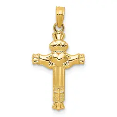 14K Yellow Gold Claddagh Cross Pendant Jewelry New 25.8 X 13.3mm 