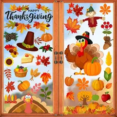 Happy Storm Thanksgiving Window Clings, Thanksgiving Window Stickers Deals Decor, Fall Leaves Window Clings for Glass Window, Double Sided Turkey Window Clings for Home Office Decorations