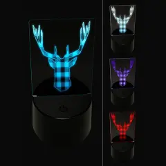 Plaid Deer Stag Head Buffalo Print 3D Illusion LED Night Light Sign Nightstand Desk Lamp