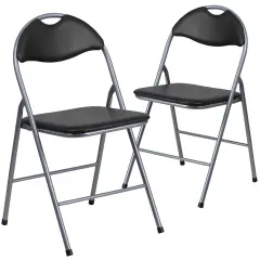 Emma and Oliver 2 Pack Vinyl Metal Folding Chair with Carrying Handle Black