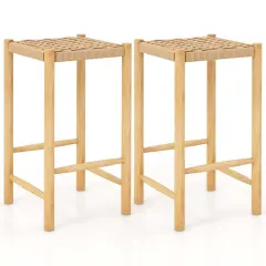 Costway 26'' Dining Bar Stool Set of 2/4 Counter Height with Rubber Wood Woven Saddle Seat
