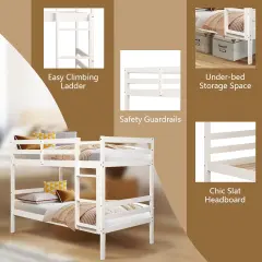 Children's Wooden Slat Design Twin Bunk Bed with Headboard and Footboard White