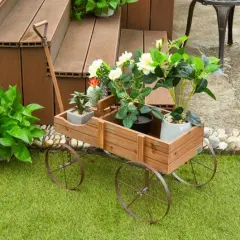 Rustic Wooden Wagon Planter with Metal Wheels Small Garden Cart for Flowers Outdoor Decor Brown