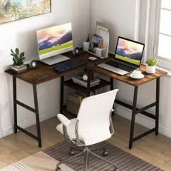 L Shaped Corner Computer Desk with Storage Shelves and Heavy Duty Metal Frame Brown