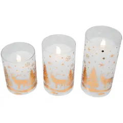 Northlight LED Flameless Flickering Woodland Glass Pillar Christmas Candles - 6" - Set of 3 White