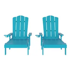 Merrick Lane Solvang Set of 2 Indoor/Outdoor Adjustable Adirondack Loungers with Fold Out Cupholders- Recycled All-Weather Indoor/Outdoor HDPE Lounge Chairs Blue