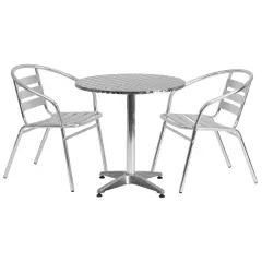 Emma and Oliver 27.5'' Round Aluminum Indoor-Outdoor Table Set with 2 Slat Back Chairs