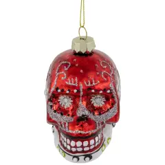 Northlight Day of the Dead Skull Head Glitter Glass Christmas Ornament - 3.5" - Red