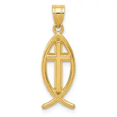14K Yellow Gold Ichthus Fish Cross Charm Pendant Jewerly 26mm x 9mm