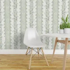 Peel & Stick Wallpaper 2FT Wide Sage Green Stripe Botanical Watercolor Garden Grandmillenial Custom Removable Wallpaper by Spoonflower