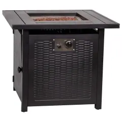 Emma and Oliver Calder 50,000 BTU Propane Fire Table with Wicker Motif Steel Base and Steel Tabletop with Included Lid, Lava Rocks, and Tank Holder Black
