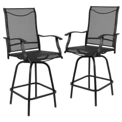 Merrick Lane Set of 2 Brett High Back Bar Height Swivel Patio Stools with Powder Coated Metal Frames and Textilene Upholstery Black