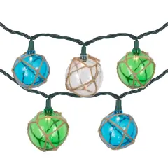 Northlight Natural Jute Wrapped Ball Patio Light Set - Blue and Green - 6' Green Wire - 10ct Multi