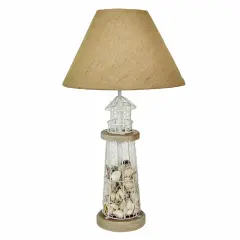 White and Grey Metal Mesh Seashell Filled Lighthouse Table Lamp with Cone Shade