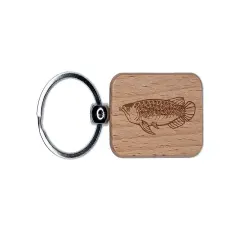 Asian Arowana Aquarium Dragon Fish Engraved Wood Rectangle Keychain Tag Charm