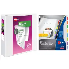 Avery Durable View 3 Ring Binder with 3 Inch Rings, 8 Tab Durable Plastic Binder Dividers, Office Supplies Set (01680)