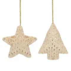 Northlight Sequin Faux Fur Star and Christmas Tree Ornaments - 4.25" - Beige - Set of 2