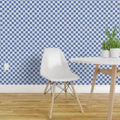 Pre-Pasted Wallpaper 2FT Wide Blue Geometric Hand-Drawn Stamp Checkered Checks Block Print Medium Scale Race Rally Finish Flag Custom Pre-pasted Wallpaper by Spoonflower