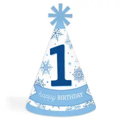 Big Dot of Happiness Blue Snowflakes 1st Birthday - Cone Happy Birthday Party Hats for Kids and Adults - Set of 8 (Standard Size)