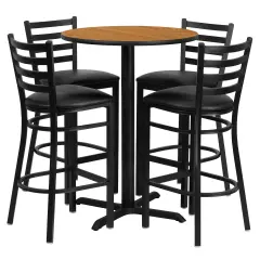 Emma and Oliver 30" Round Laminate Table Set with X-Base and 4 Ladder Back Stools NaturalTop/BlackVYL