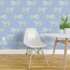 Peel & Stick Wallpaper 2FT Wide Animal Green Blue Nature Illustrative Big Cat Custom Removable Wallpaper by Spoonflower