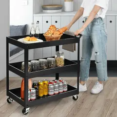 3-Tier Utility Cart Metal Mental Storage Service Trolley Black