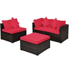 4 Pieces Ottoman Garden Patio Rattan Wicker Furniture Set with Cushion Red
