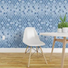 Pre-Pasted Wallpaper 2FT Wide Decorative Vintage Tile Monochrome Soft Blue Watercolor Custom Pre-pasted Wallpaper by Spoonflower