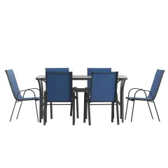 Merrick Lane Bardwell 7 Piece Outdoor Dining Table Set for 6 with Glass-Top Patio Table and 6 Stack Chairs with Flex Comfort Material Navy