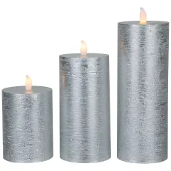 Northlight Flameless Flickering LED Wax Pillar Candles - 8" - Brushed Silver - Set of 3