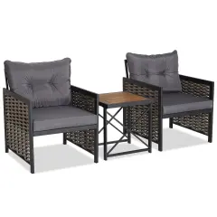 3 Piece Patio Rattan Furniture Set with Acacia Wood Tabletop Grey
