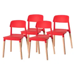 Modern Plastic Dining Chair Open Back with Beech Wood Legs Set of 4 Red