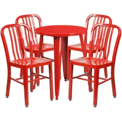 Emma and Oliver Commercial Grade 24" Round Metal Indoor-Outdoor Table Set & 4 Slat Back Chairs Red