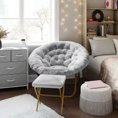 Emma and Oliver Ersa Oversize Folding Saucer Moon Chair and Ottoman for Dorm and Bedroom with Steel Frames GrayFabric/SoftGold