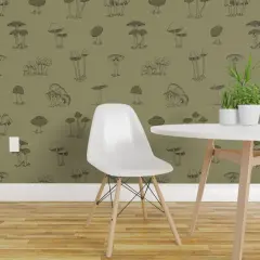 Peel & Stick Wallpaper 2FT Wide Cute Green Mushrooms Forest Olive Woodland Boys Botanical Cottagecore Nature Custom Removable Wallpaper by Spoonflower
