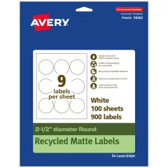 Avery Recycled Matte White Labels,2-1/2" diameter Round