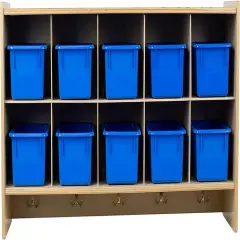 Cubby Storage Organizer Cubes, 10 Cubbies with Coat Hooks, Hanging Wall Cubby Shelf for Kids Toys, Daycare, Classroom, 47-Inch Width Blue