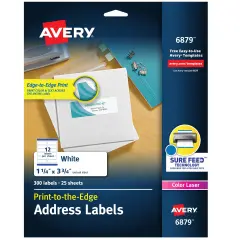 Avery Print to the Edge Shipping Labels for Color Laser Printers and Copiers, Sure Feed Technology, 1-1/4" x 3-3/4", 300 Labels (6879)