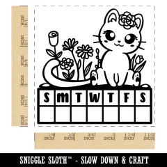 Weekly Habit Tracker Cat and Flowers Sunday Start Self-Inking Rubber Stamp Ink Stamper Black