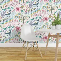 Pre-Pasted Wallpaper 2FT Wide Under The Sea Blue Pink Purple Whale Sun Sea Creatures Custom Pre-pasted Wallpaper by Spoonflower