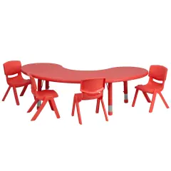 Emma and Oliver 35"W x 65"L Half-Moon Plastic Height Adjustable Activity Table Set with 4 Chairs Red