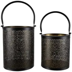 Northlight Laser-Cut Design Iron Candle Holders with Handles - 9.5" - Black - Set of 2