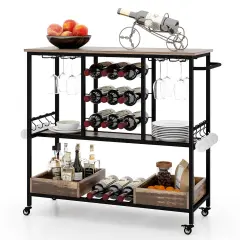 Costway 3 Tiers Bar Cart Home Serving Cart on Wheels with Glass Racks Wine Holders Rustic Brown/Vintage Brown