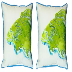 Pair of Betsy Drake Green Fish Large Indoor/Outdoor Pillows 18x18