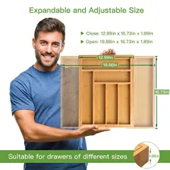 Bamboo Expandable Drawer Organizer for Utensils Holder, Adjustable Cutlery Tray, Wood Drawer Dividers Organizer for Silverware, Flatware, Knives in Kitchen, Bedroom, Living Room