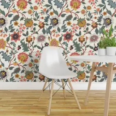 Pre-Pasted Wallpaper 2FT Wide Multicolor Flowers Folk Garden Bedroom Italian Botanical Florals Villa Sage Mustard Coral Wildflower Meadow Large Scale Custom Pre-pasted Wallpaper by Spoonflower