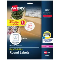 Avery High Visibility Round Labels with Sure Feed for Laser Printers, 2-1/2", 300 Labels (5294)