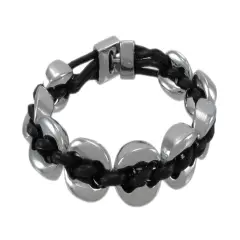 Black Leather And Chrome Marine Link Bracelet 7 Inch